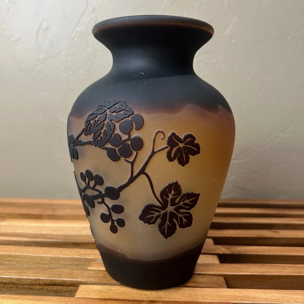 Frosted Amber Art Nouveau Glass Vase Grapevine Cameo Relief Black Ombre Finish